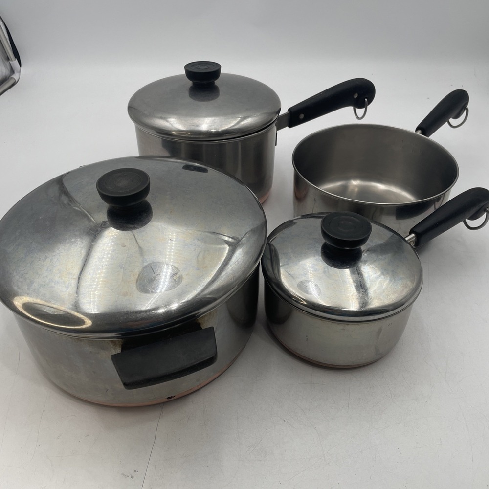 Vtg RevereWare Copper Bottom Saucepan Lot of 4 Pots+3 Lids 4qt 3qt 2qt 1qt-Clean